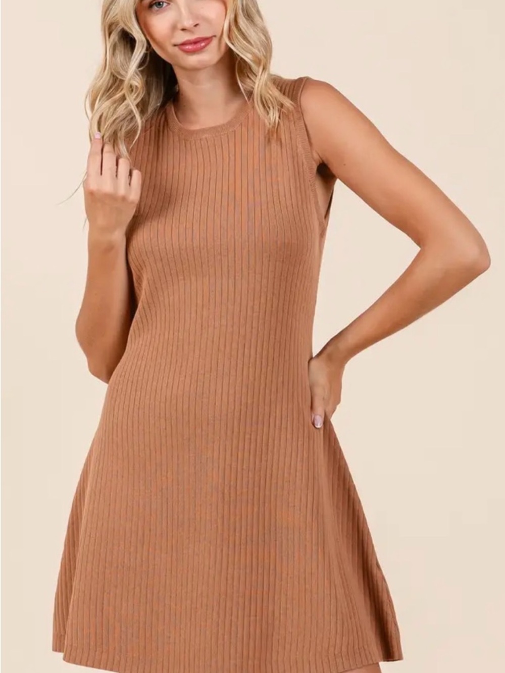Sleeveless Ribbed Knit Mini Dress in Tan
